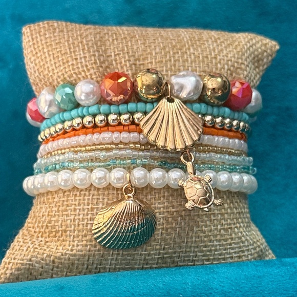 Source Unknown Jewelry - Gold Shell & Turtle Multicolor Strand Beaded Bracelet Set NEW
